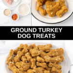 Homemade ground turkey dog treats ingredients and the treats on a plate.