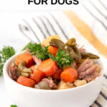 Homemade lamb stew for dogs and a kitchen towel.