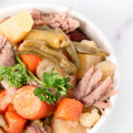 A bowl of homemade lamb stew for dogs.