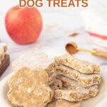 Homemade cinnamon apple dog treats, an apple, and cinnamon in a measuring spoon.