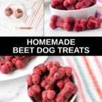 Homemade beet dog treats ingredients and the treats in a bowl.
