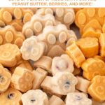 Homemade paw-shaped frozen apple dog treats in various flavors.