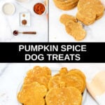Homemade pumpkin spice dog treats ingredients and the treats on a plate and in a stack.