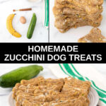 Homemade zucchini dog treats ingredients and the treats in a stack and on a plate.