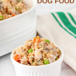 Homemade mackerel dog food in a baking dish and small bowl.