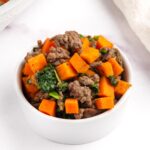 Homemade beef and sweet potato dog food in a bowl.