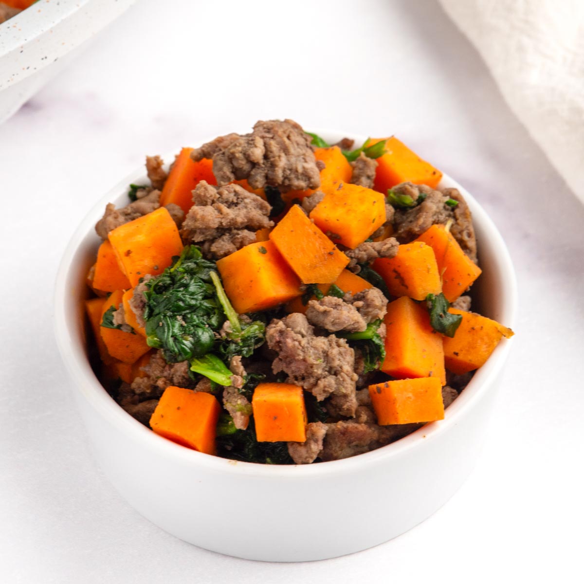 Homemade beef and sweet potato dog food in a bowl.