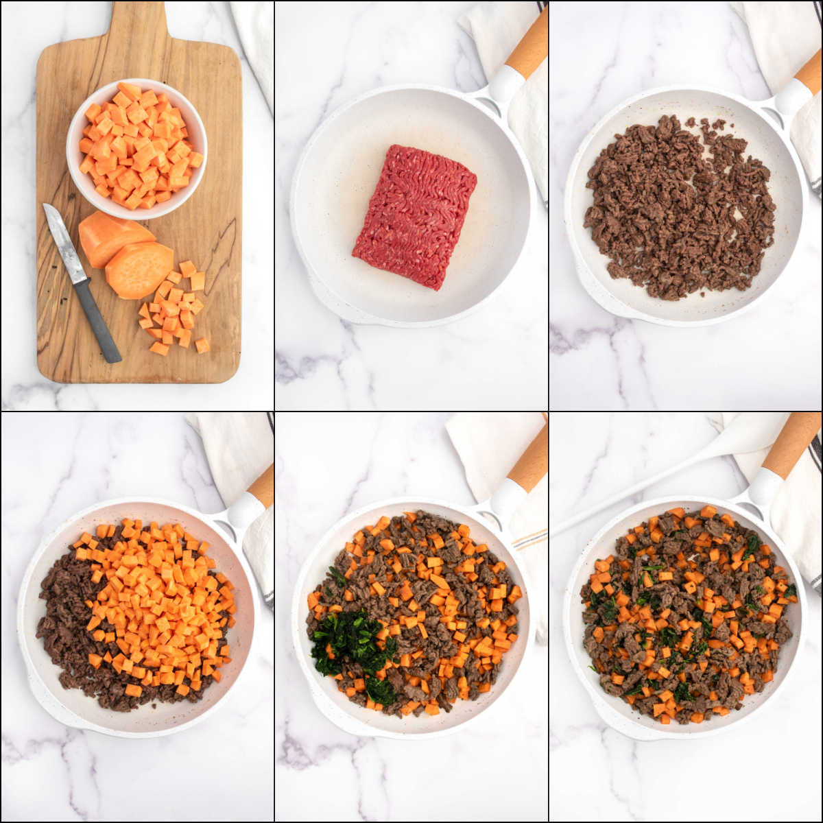 Making ground beef and sweet potato dog food in a skillet.
