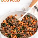 Homemade beef and sweet potato dog food and a spoon in a large skillet.