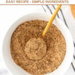 A bowl of homemade dog food seasoning with a spoon in it.