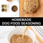 Homemade dog food seasoning ingredients and the mix in a spoon and bowl.