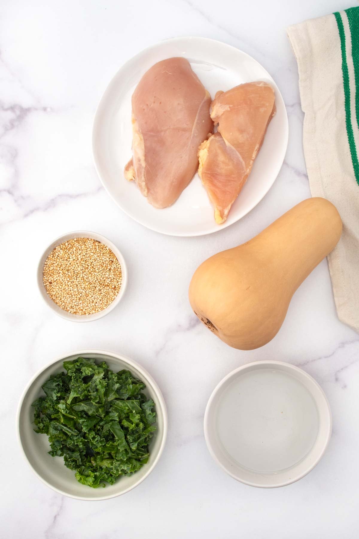 Slow cooker chicken and quinoa dog food ingredients on a marble surface.