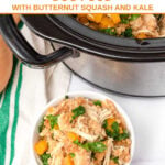 A bowl of slow cooker chicken and quinoa dog food next to a crockpot.
