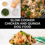 Slow cooker chicken and quinoa dog food ingredients and the food in a crockpot and bowl.