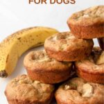 A stack of homemade banana muffins for dogs and a banana.