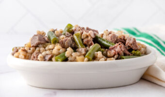 Homemade lamb and apple dog food in a small bowl and a kitchen towel next to it.