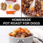 Homemade pot roast for dogs ingredients and the food in a pot and bowl.
