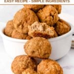 Homemade turkey pumpkin meatballs for dogs in a bowl and in front of it.
