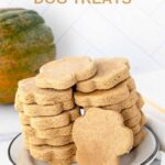 Homemade paw-shaped acorn squash dog treats stacked on a plate and an acorn squash.