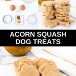 Homemade acorn squash dog treats ingredients and the treats on a marble surface.