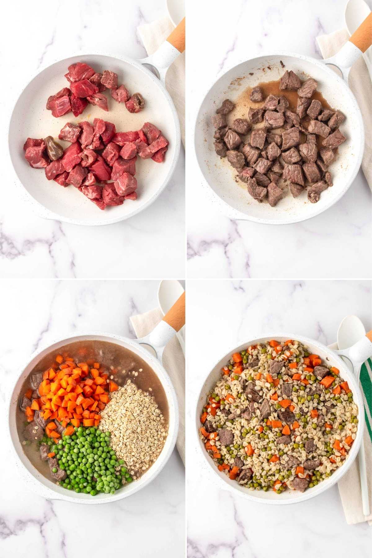 Making beef and barley dog food in a skillet.