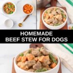 Homemade beef stew for dogs ingredients and the stew in a pot and bowls.