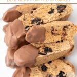 Homemade banana, peanut butter, and blueberry dog biscotti dipped in carob.