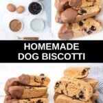 Homemade dog biscotti ingredients and the treats on a marble surface.