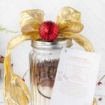 Homemade dog treat mix in a jar with a recipe card and decorated with ribbon and an ornament.