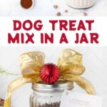 Homemade dog treat mix in a jar ingredients and the decorated jar with recipe card.