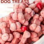 Homemade bone-shaped frozen cranberry dog treats in an oval bowl.