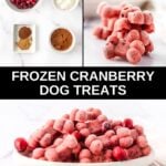 Homemade frozen cranberry dog treats ingredients and the treats in a stack and bowl.