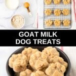 Homemade goat milk dog treats ingredients and the treats on a wire rack and in a bowl.