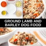 Homemade ground lamb and barley dog food ingredients and the food in a skillet and bowl.