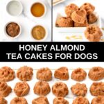 Honey almond tea cakes for dogs ingredients and the cakes on a platter and plate.