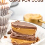 A peanut butter cup for dogs cut in half and stacked on a small plate.