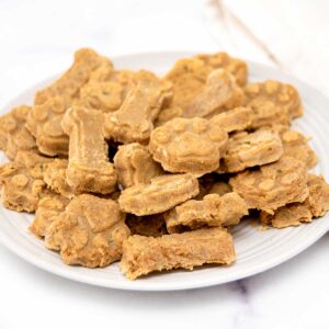 Homemade salmon and sweet potato dog treats on a plate.