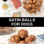 Satin balls ingredients and the meatballs in a bowl and on a plate.