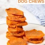 Homemade sweet potato dog chews stacked on a small plate.