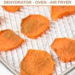Homemade sweet potato dog chews on a dehydrator rack.