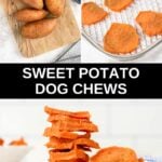 Sweet potatoes and homemade sweet potato dog chews on a dehydrator rack and stacked on a plate.