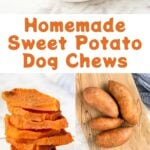 Homemade sweet potato dog chews in a bowl and stacked and sweet potatoes on a board.