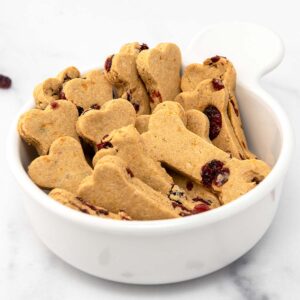 Homemade turkey and cranberry dog treats in a bowl.
