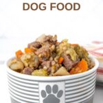 Homemade venison dog food in a small bowl on a marble surface.