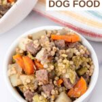 Homemade venison dog food in a bowl and a kitchen towel next to it.