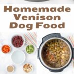 Homemade venison dog food in bowls and the ingredients on a marble surface.