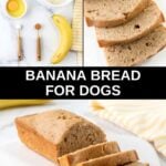 Homemade banana bread for dogs ingredients and a loaf on a cutting board.