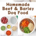 Homemade beef and barley dog food ingredients, being cooked, and served.
