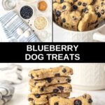 Homemade blueberry dog treats ingredients and the treats in a bowl and stack.