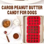 Carob peanut butter candy for dogs on a plate, in a stack, and the ingredients.